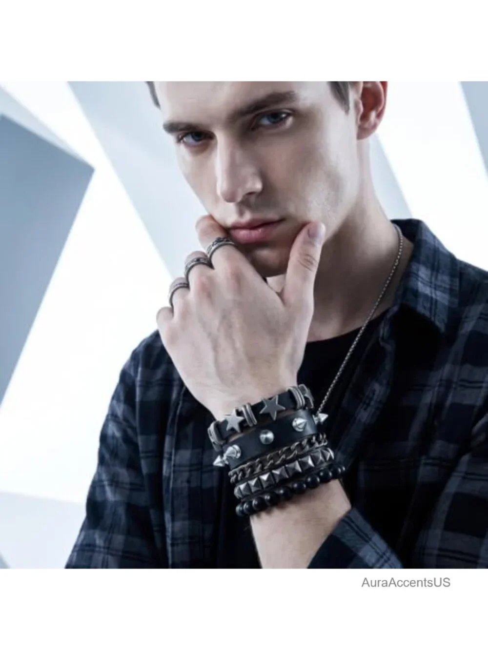 Punk Spiked Studded Bracelets Set of 4 Faux Leather Adjustable Wristband Gothic